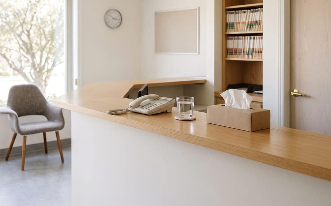 The clinic's front desk in the morning