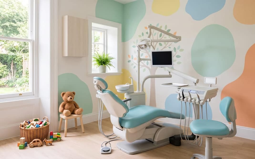 A kids' dental chair in a colorful room